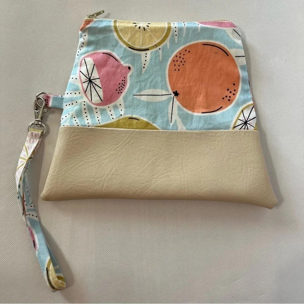 Handmade Fold Over Mini Clutch Wristlet Bag Fruit Fabric Faux Leather